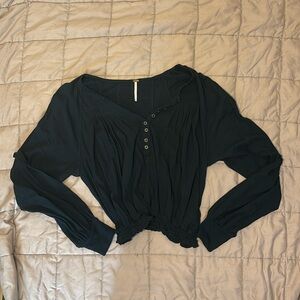 Free people cinched dark blue long, bell sleeve blouse